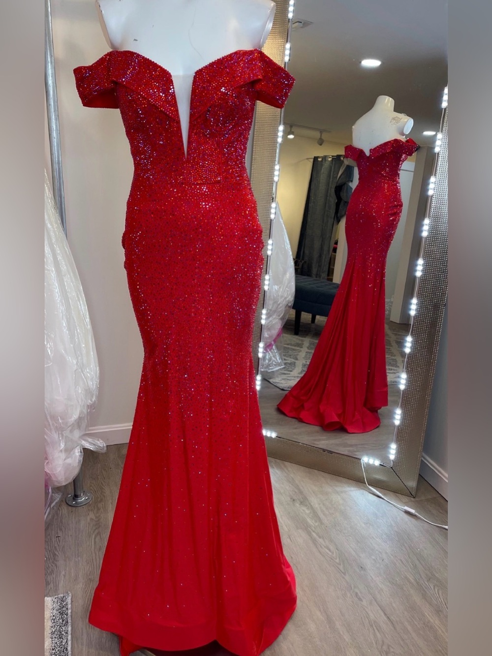 Sherri Hill Red Off-Shoulder Sequin Mermaid Gown
